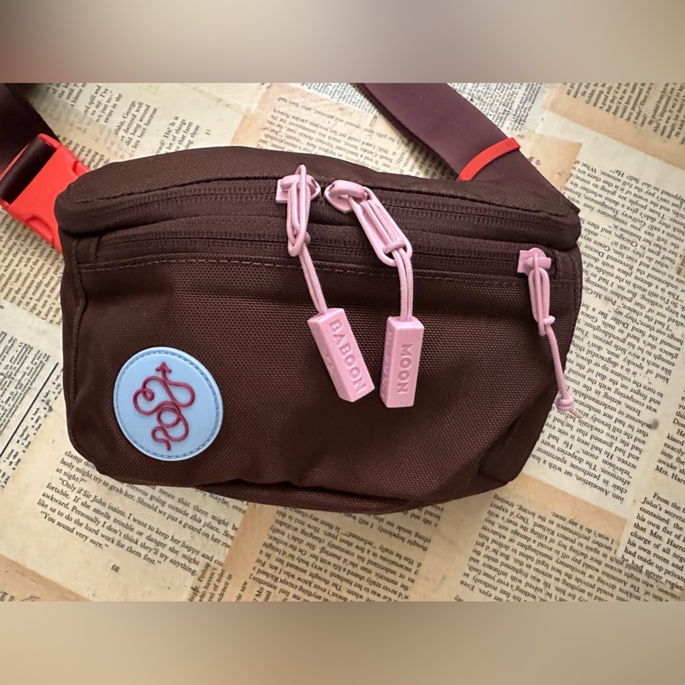 Baboon To The Moon Hip Pack Brown Crossbody Bag with Pink Accents